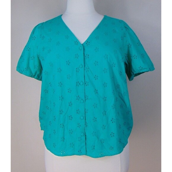 J Crew Green Eyelet Button Top Womens Plus Size XXL Short Sleeve Lined 2XL BQ034 - Picture 1 of 9